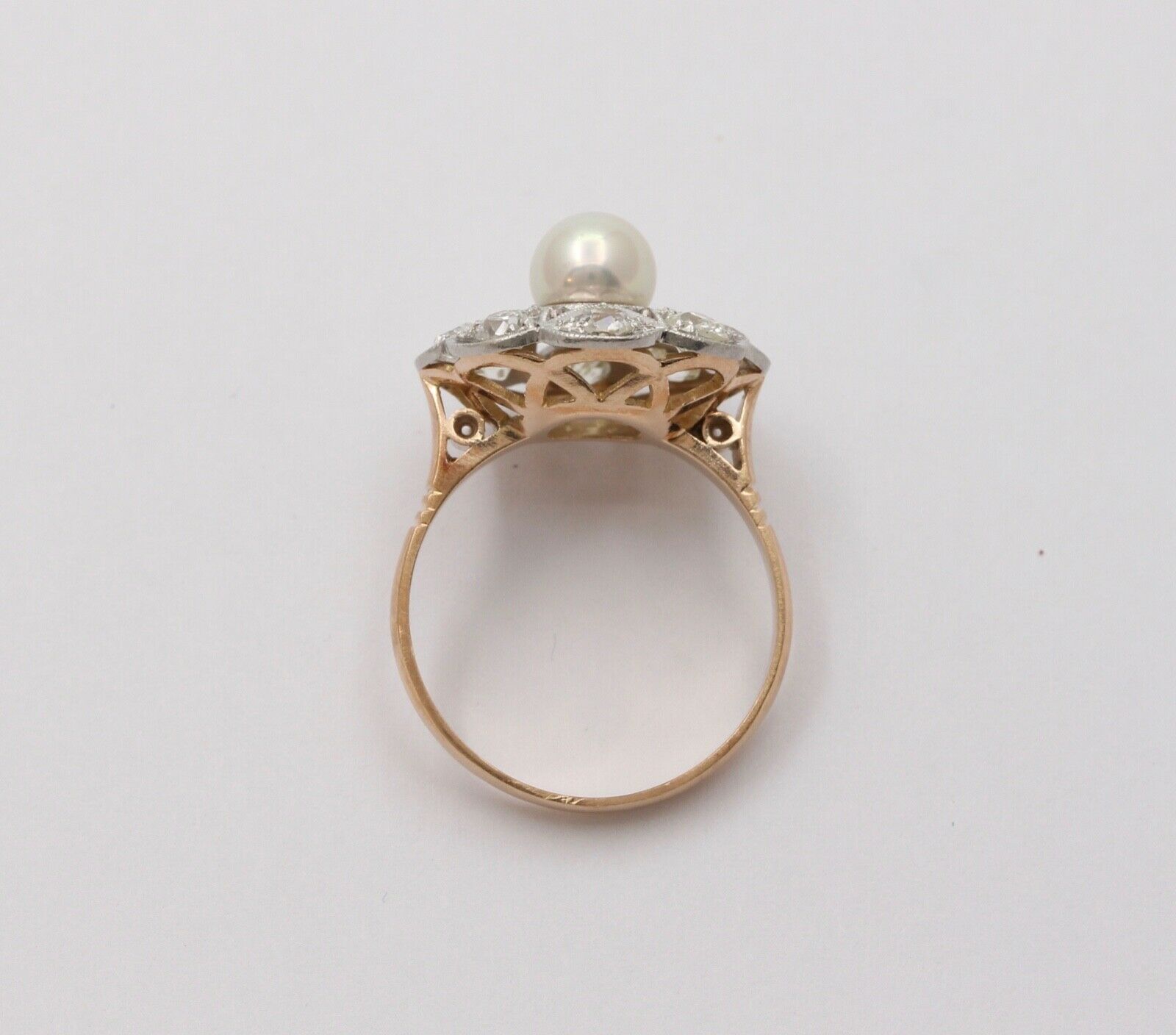 Edwardian Old European Diamonds Natural Pearl Platinum 18K YG Ring