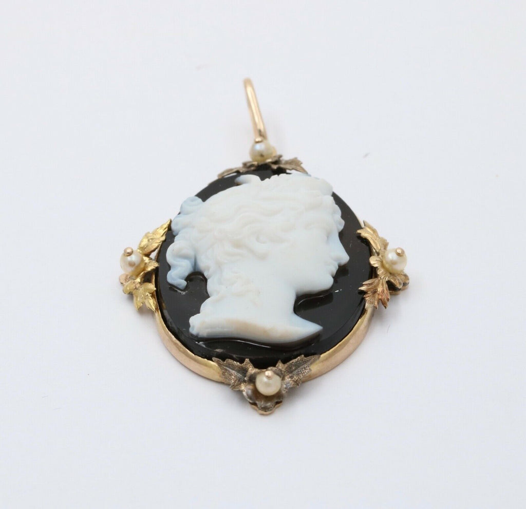 Victorian Cameo Seed Pearls Onyx 14K Yellow Gold Pendant