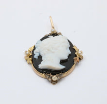 Load image into Gallery viewer, Victorian Cameo Seed Pearls Onyx 14K Yellow Gold Pendant
