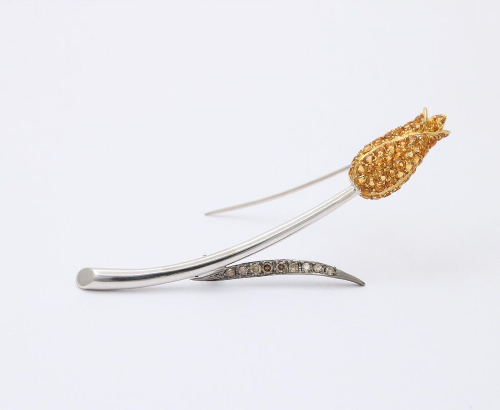 Vintage Elegant Tulip Yellow Sapphire & Champagne Diamond 18K White Gold Brooch