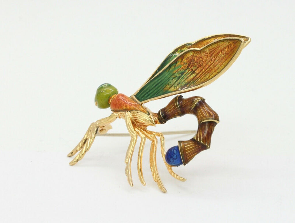 Vintage Italian 18K Yellow Gold Enamel Dragonfly Brooch