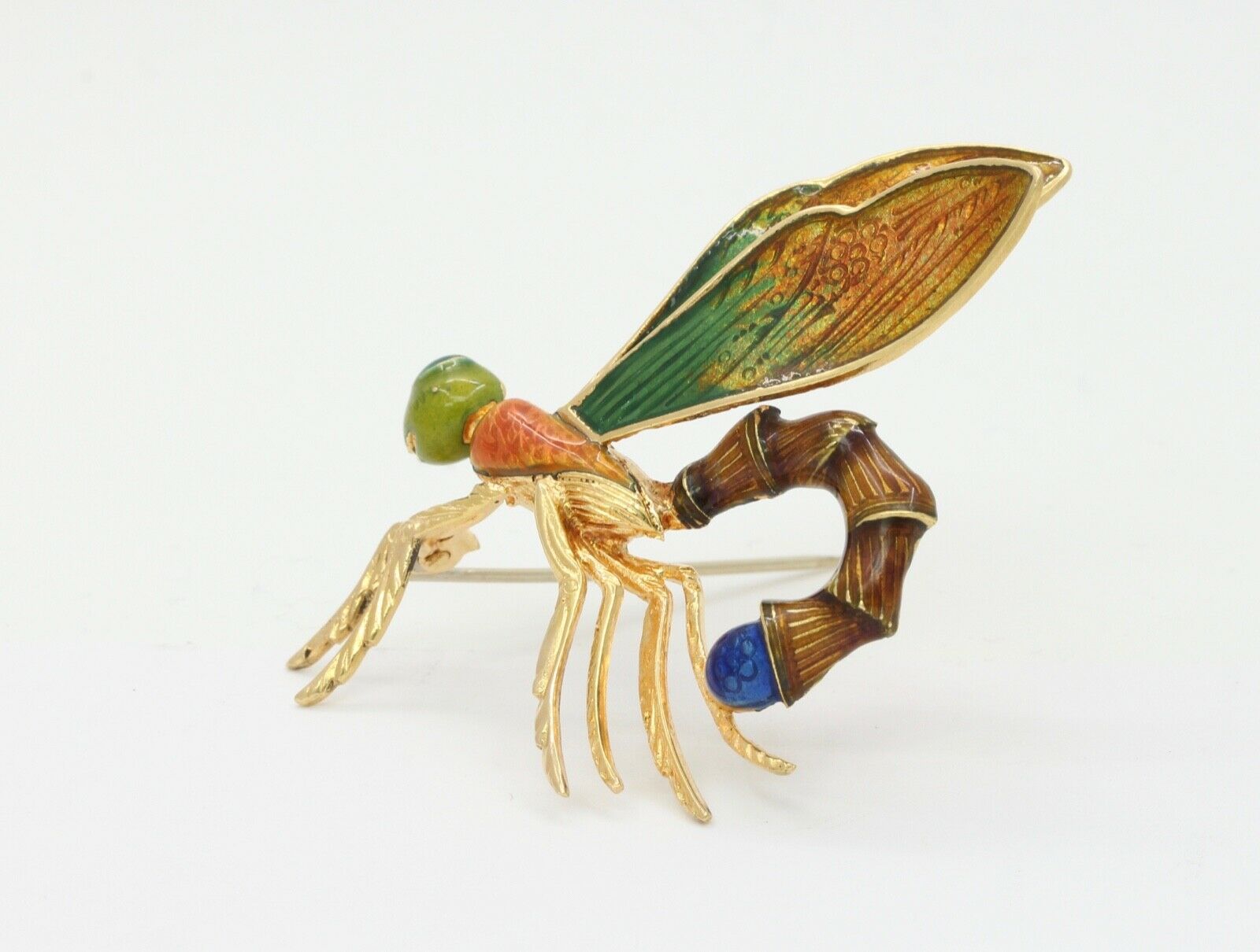 Vintage Italian 18K Yellow Gold Enamel Dragonfly Brooch