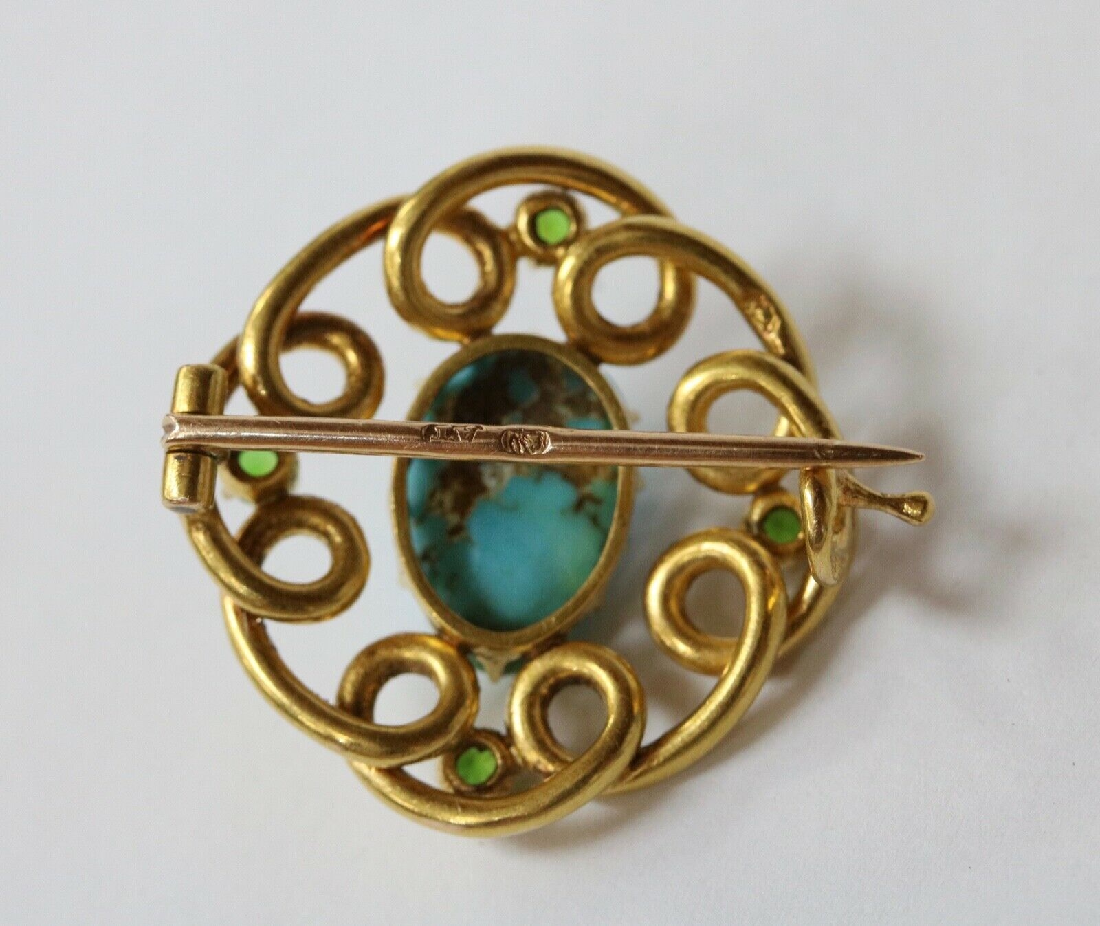 Victorian Russian Turquoise Demantoid Garnet 18K Yellow Gold Brooch Pin