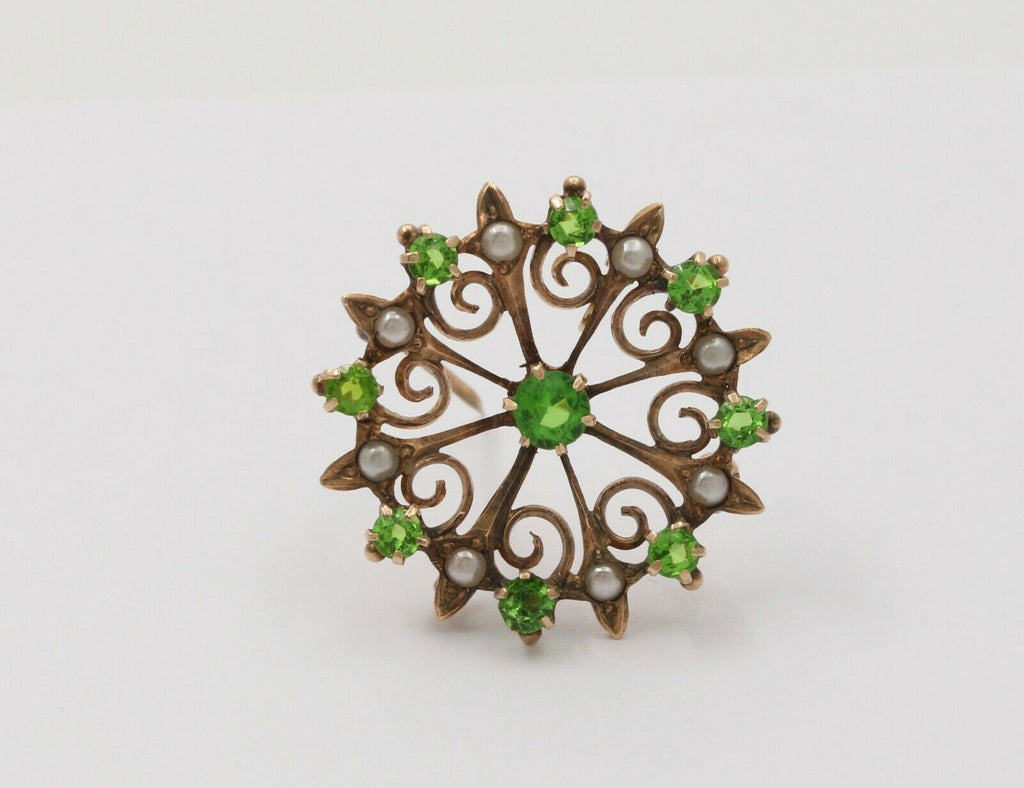 Sweet Victorian Scrolling Green Garnet And Split Pearl Brooch Pin, Pendant, Watc