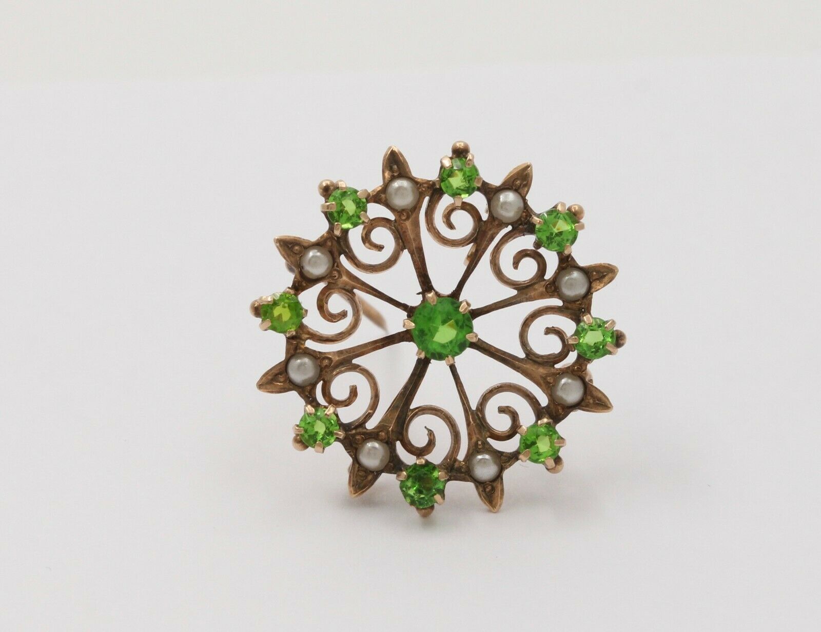 Sweet Victorian Scrolling Green Garnet And Split Pearl Brooch Pin, Pendant, Watc
