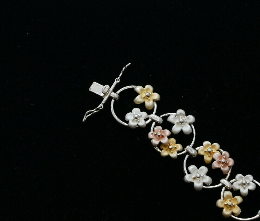 Vintage Sterling Silver Tri Tone Floral Bracelet