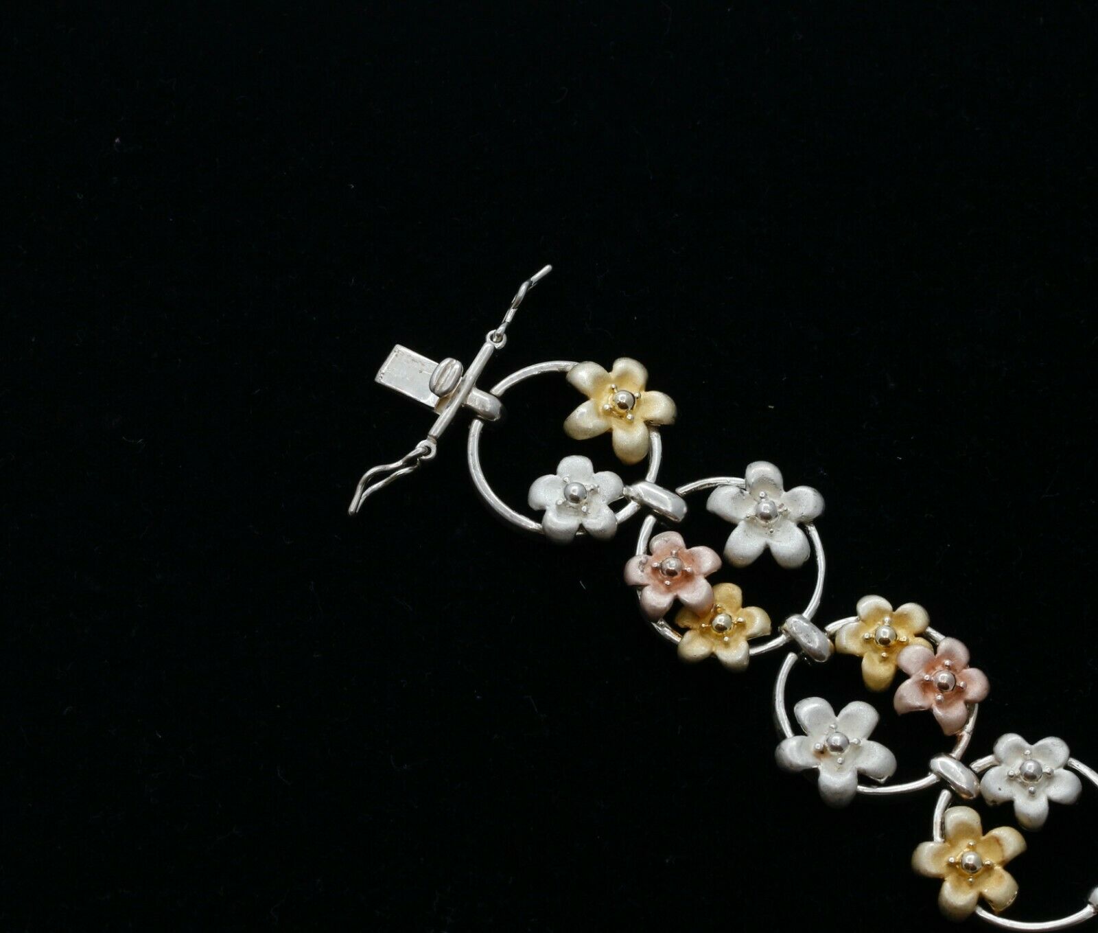 Vintage Sterling Silver Tri Tone Floral Bracelet