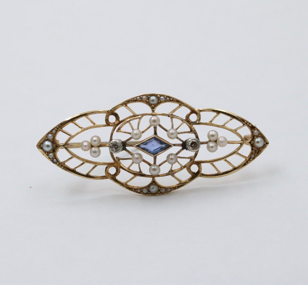 Art Deco Synthetic Sapphire Diamonds Seed Pearls 14K YG Brooch Pin
