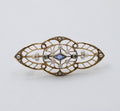 Art Deco Synthetic Sapphire Diamonds Seed Pearls 14K YG Brooch Pin