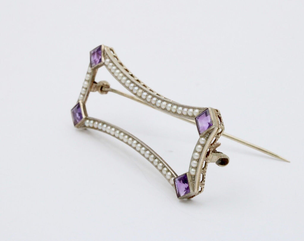 Antique Art Deco Amethyst & Split Pearl 14K White Gold Brooch, Pin