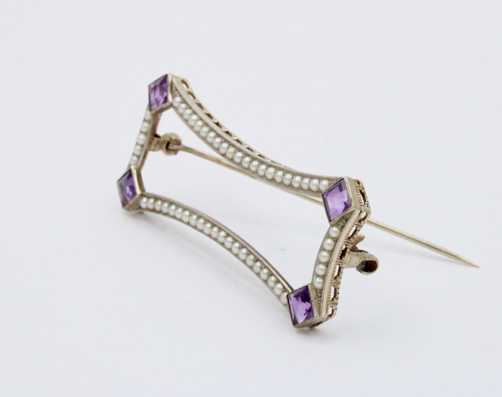 Antique Art Deco Amethyst & Split Pearl 14K White Gold Brooch, Pin