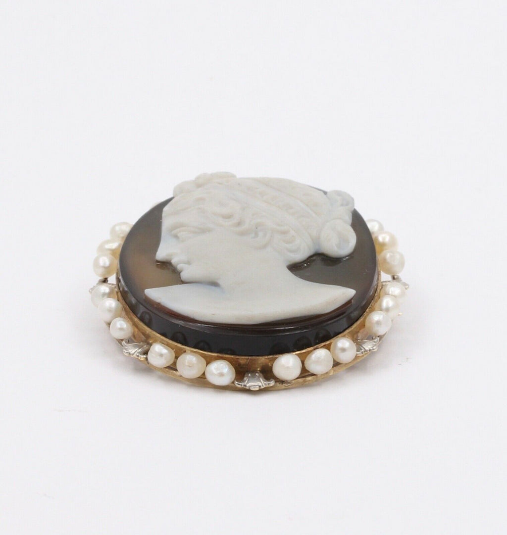 Victorian Agate Cameo Pearls 14K Rose Gold Brooch Pin