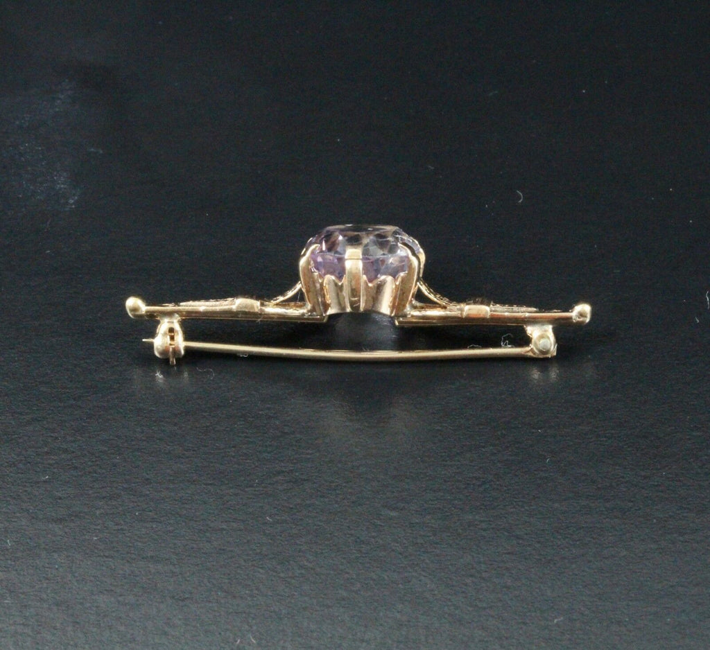 Vintage 14K Yellow Gold Amethyst Bar Brooch, Pin.