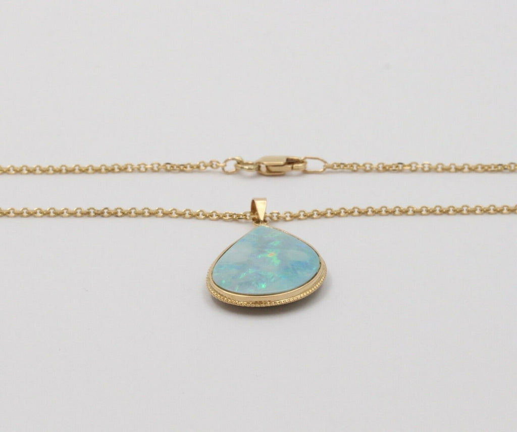 Vintage Drop Shape Boulder Opal 14K Yellow Gold Pendant, Necklace.