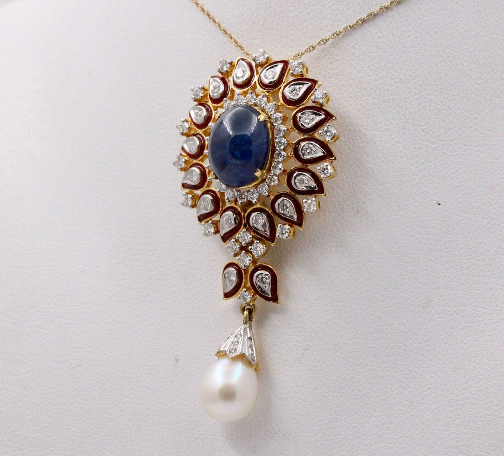 Gorgeous 18K Yellow Gold Cabochon Sapphire, Pearl And Diamond Pendant