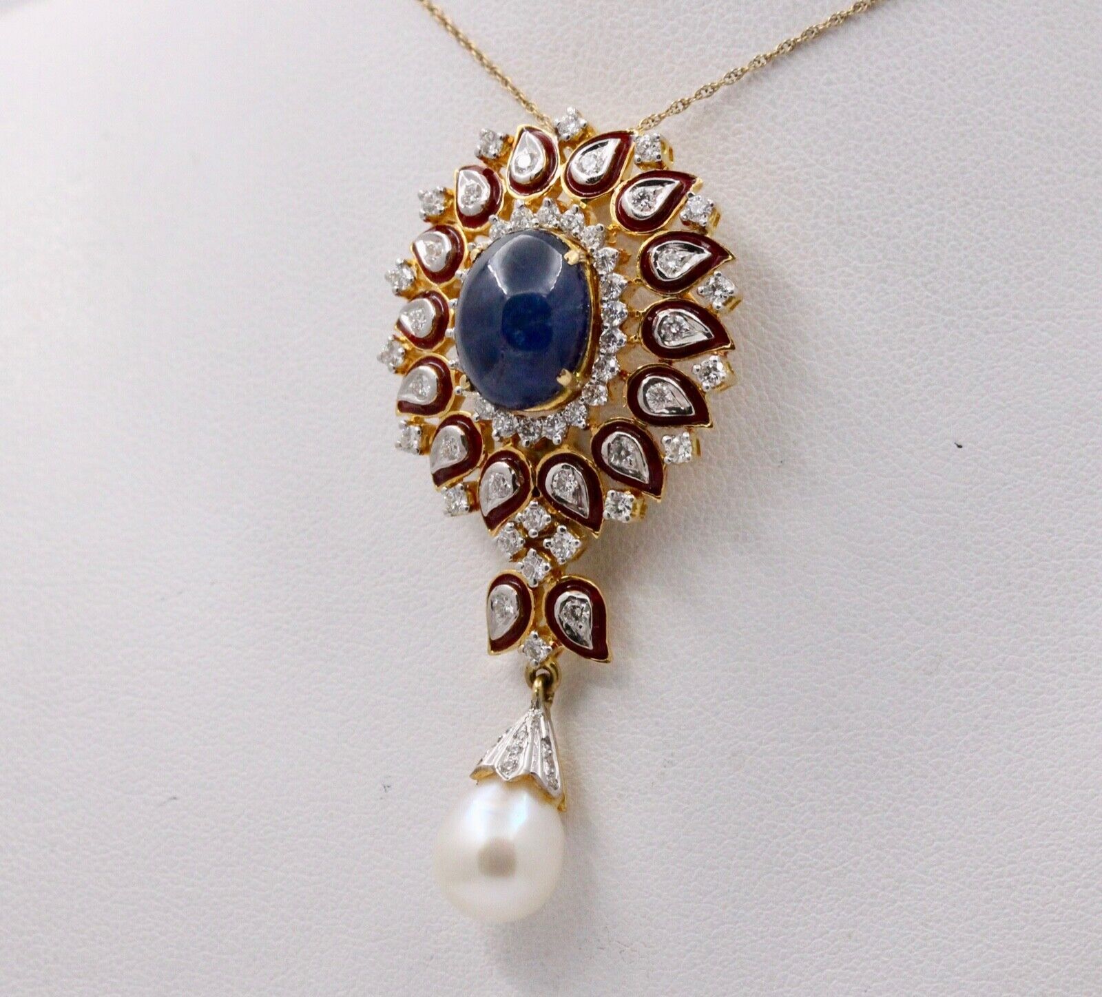 Gorgeous 18K Yellow Gold Cabochon Sapphire, Pearl And Diamond Pendant