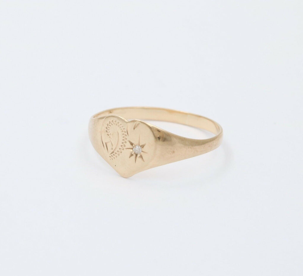 English 9K Yellow Gold Diamond Heart Signet Ring