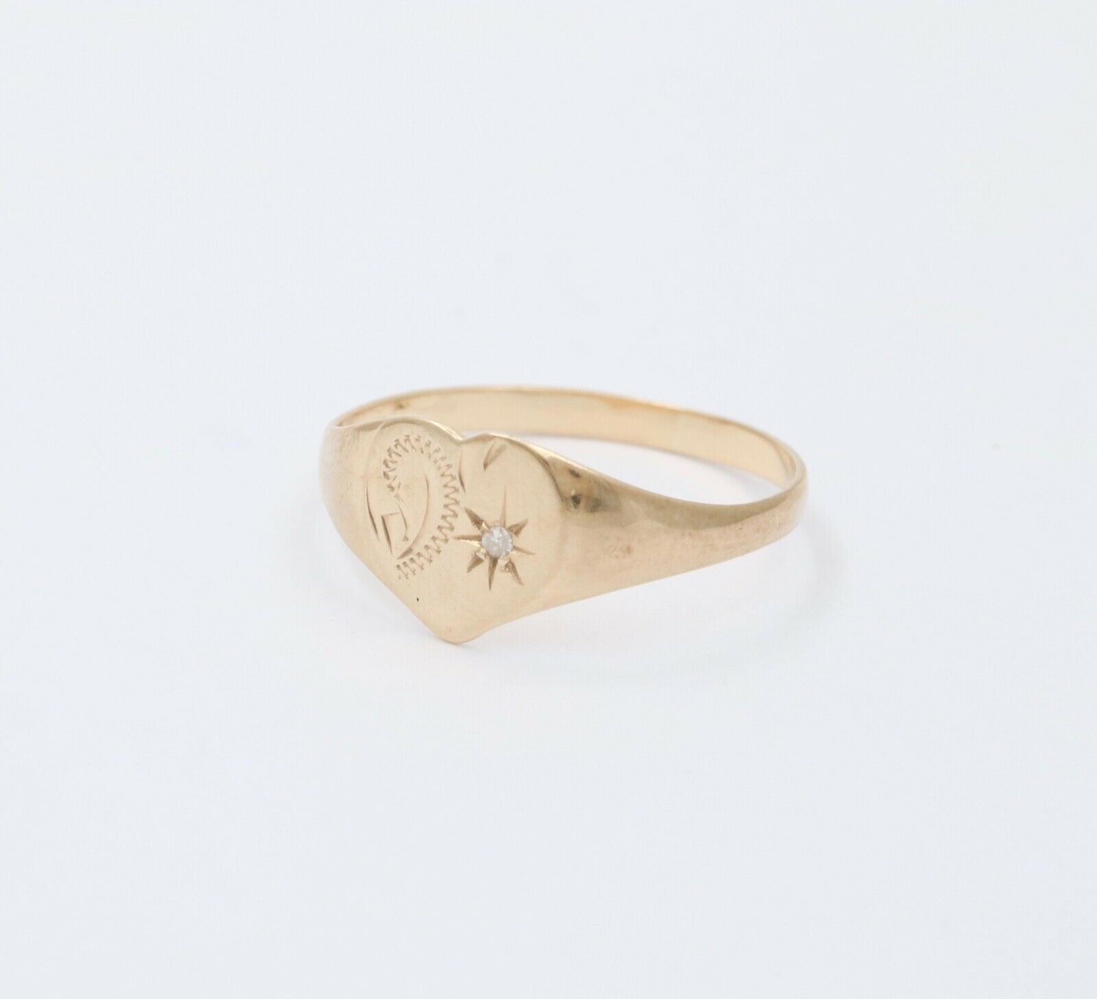 English 9K Yellow Gold Diamond Heart Signet Ring