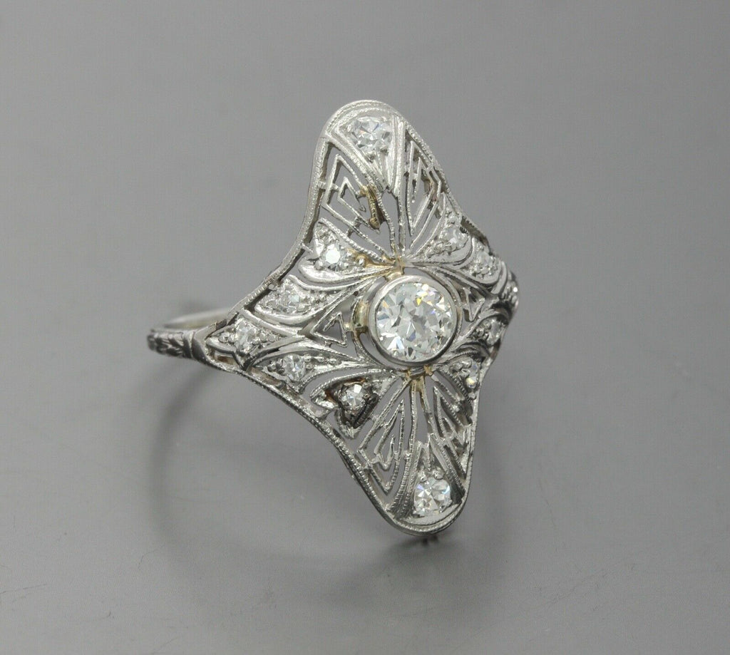 Art Deco 18K White Gold Diamonds Filagree Ring