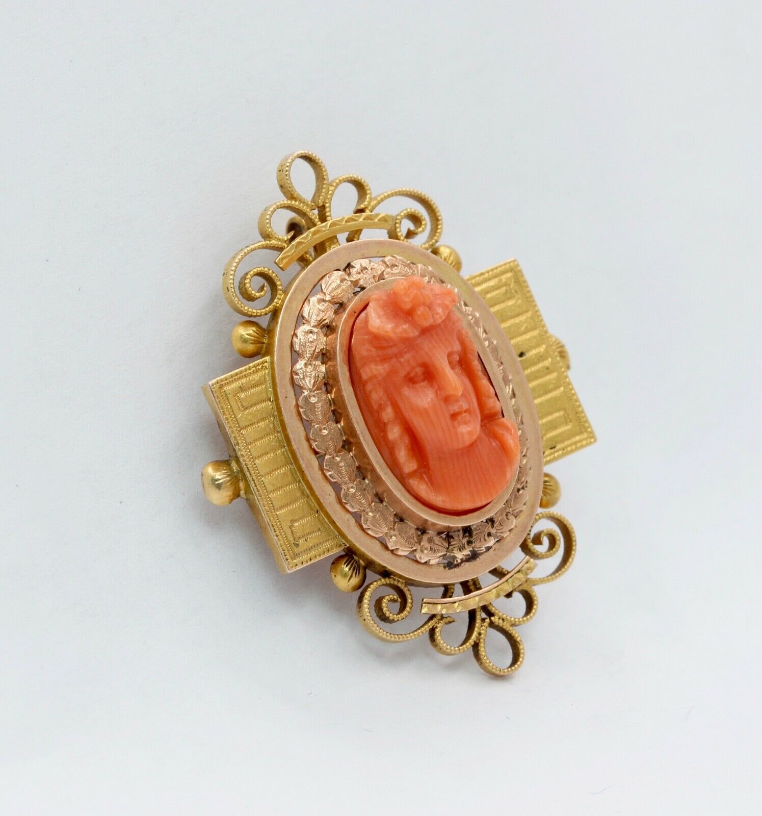 Extraordinary Victorian 14K Rose and Yellow Gold Carved Coral Pendant Brooch