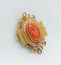 Load image into Gallery viewer, Extraordinary Victorian 14K Rose and Yellow Gold Carved Coral Pendant Brooch
