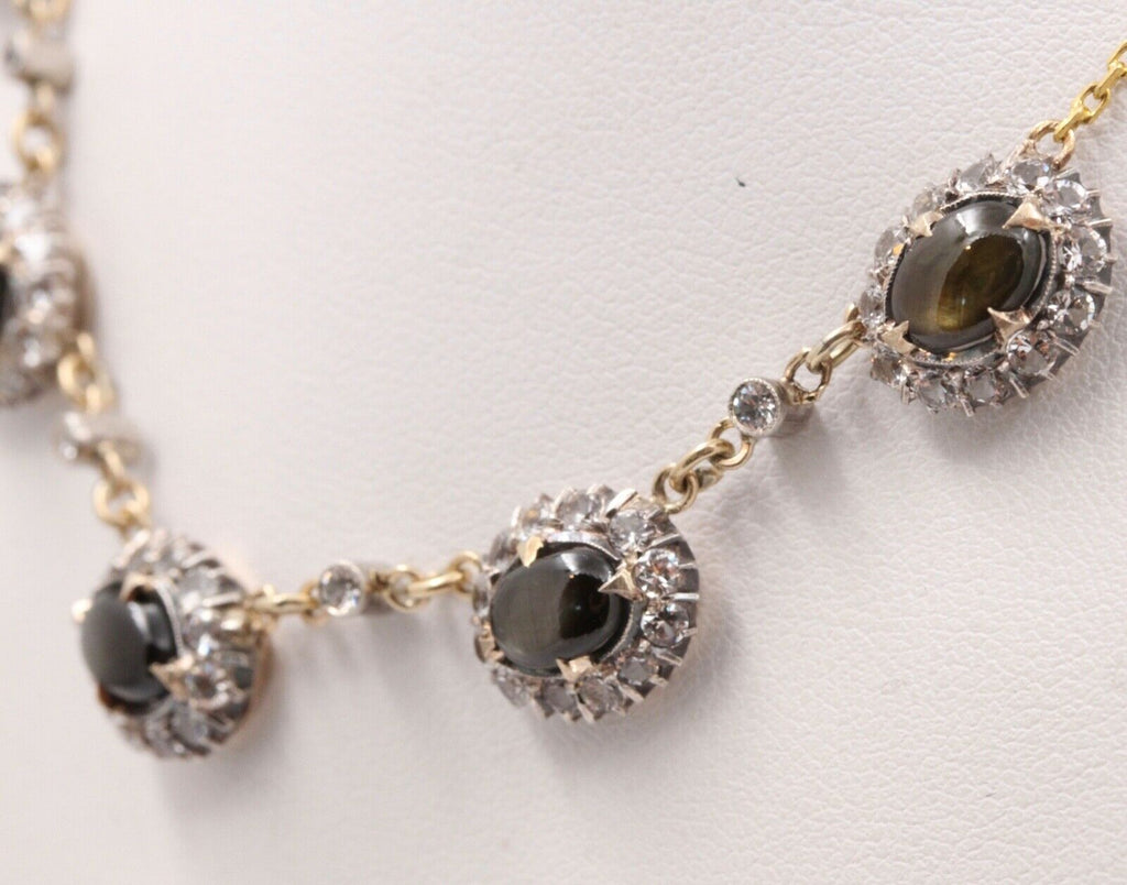 Vintage Black Star Sapphires White Sapphires 14K YG Necklace