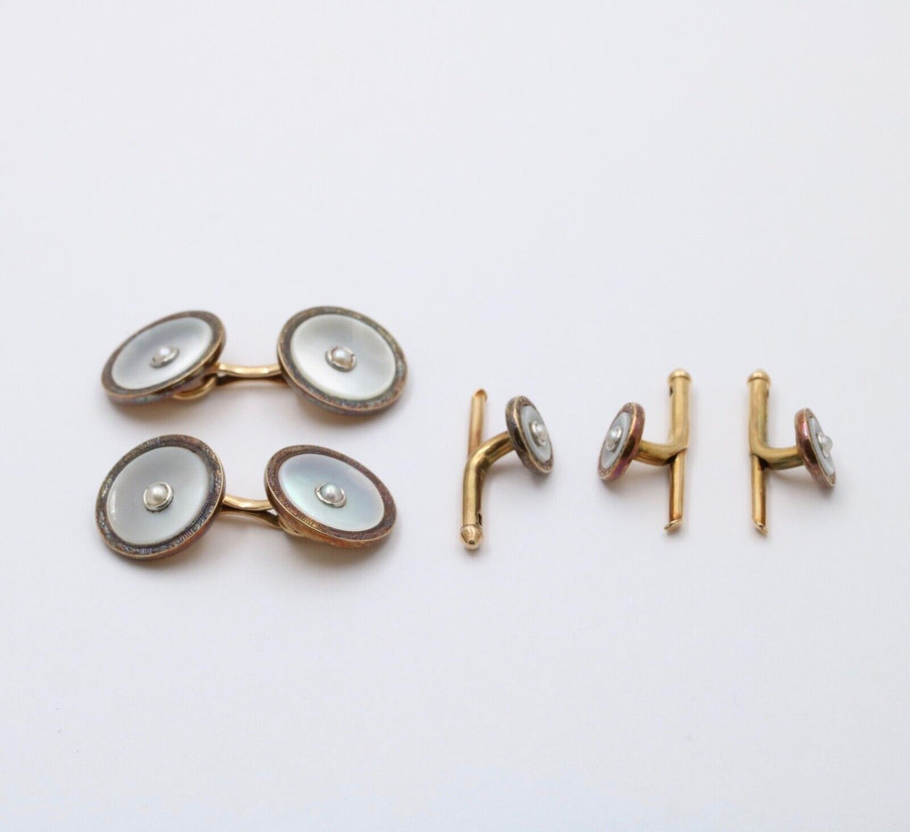 Vintage 14K Gold Mother Of Pearl & Pearl Cufflinks And Dress Studs Set