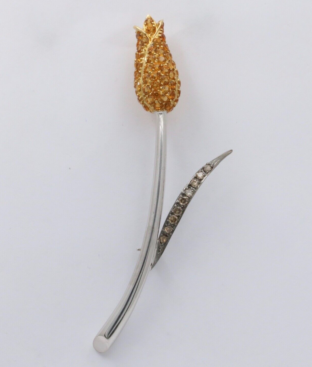 Vintage Elegant Tulip Yellow Sapphire & Champagne Diamond 18K White Gold Brooch