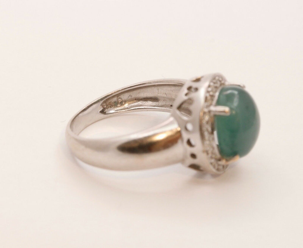 Vintage Watery Transcluscent Jade Diamonds Halo 14K White Gold Ring