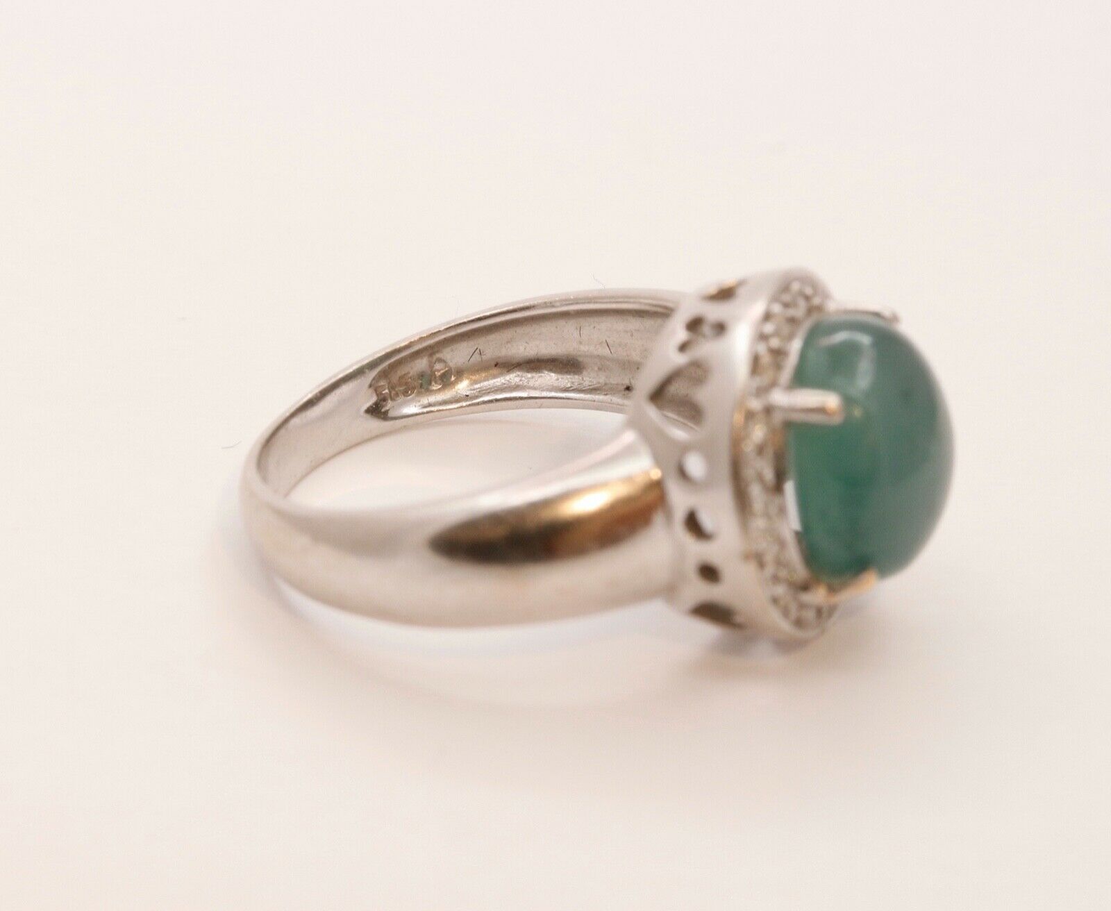 Vintage Watery Transcluscent Jade Diamonds Halo 14K White Gold Ring