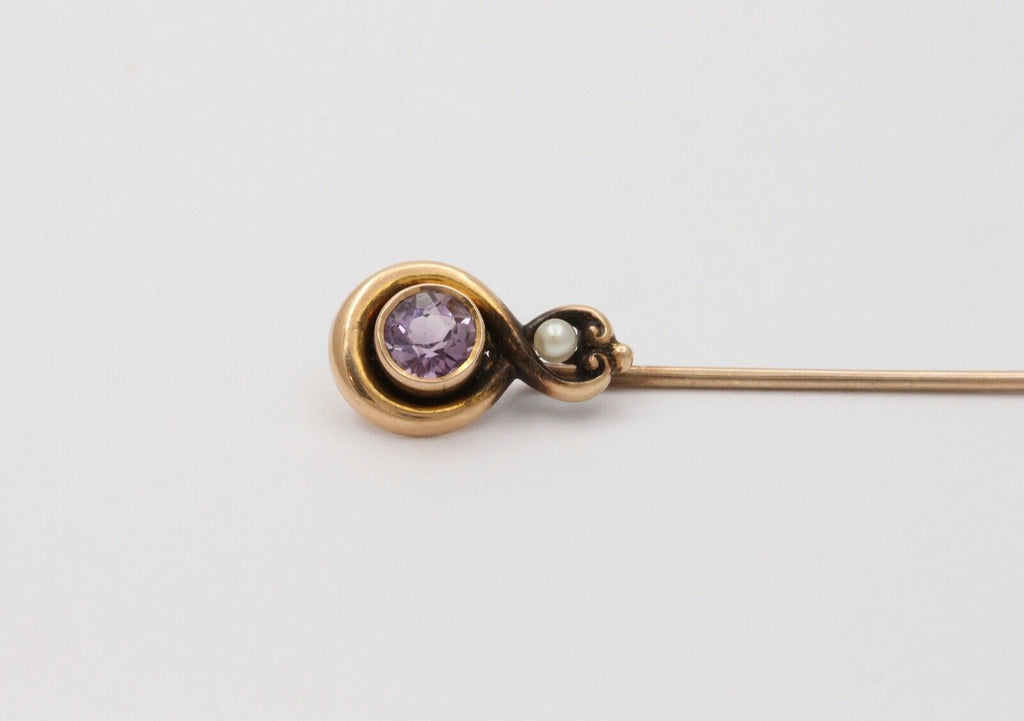 Victorian 14K Yellow Gold Amethyst Pearl Stick Pin