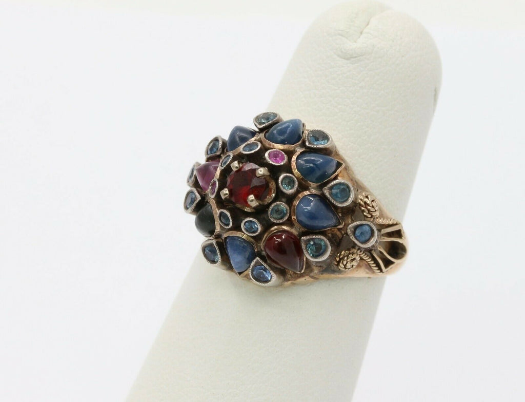 Vintage 18K Gold Sapphire, Garnet, and Ruby Cluster Ring