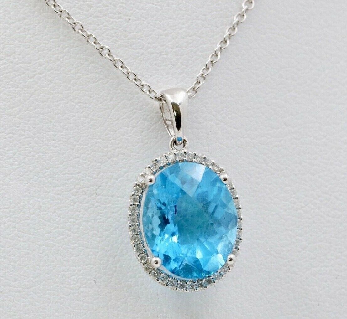 Classic 14K White Gold blue Topaz Diamond Halo Pendant Necklace.