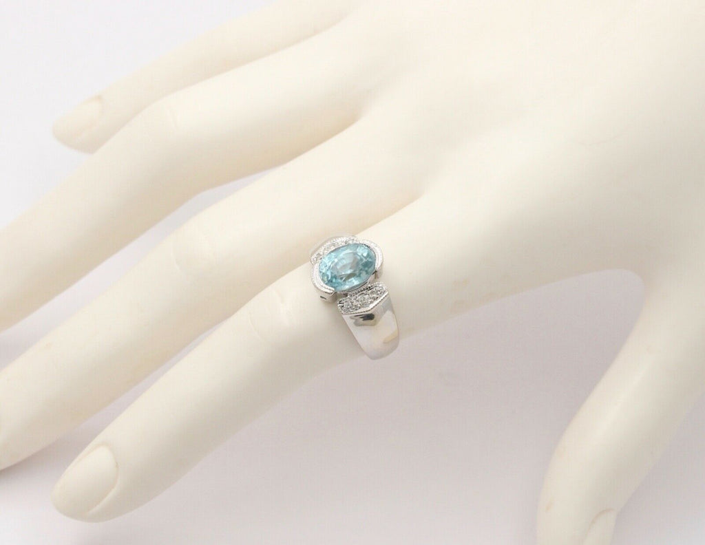 Vintage 14K White Gold Blue Zircon Diamond Ring, Cocktail Ring