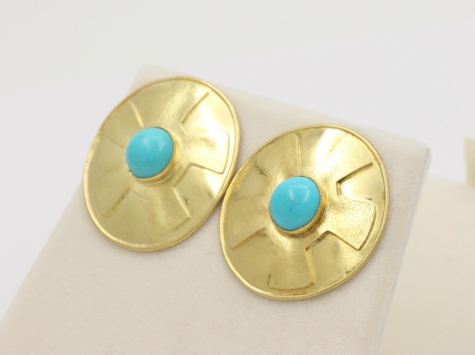 Vintage Natural Turquoise Funky Disk 18K Gold Post Back Earrings