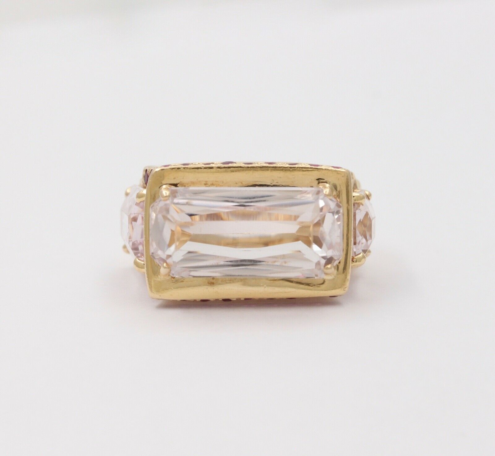 Striking 14K Yellow Gold Pink Kunzite And Ruby Tank Ring, Statement Ring