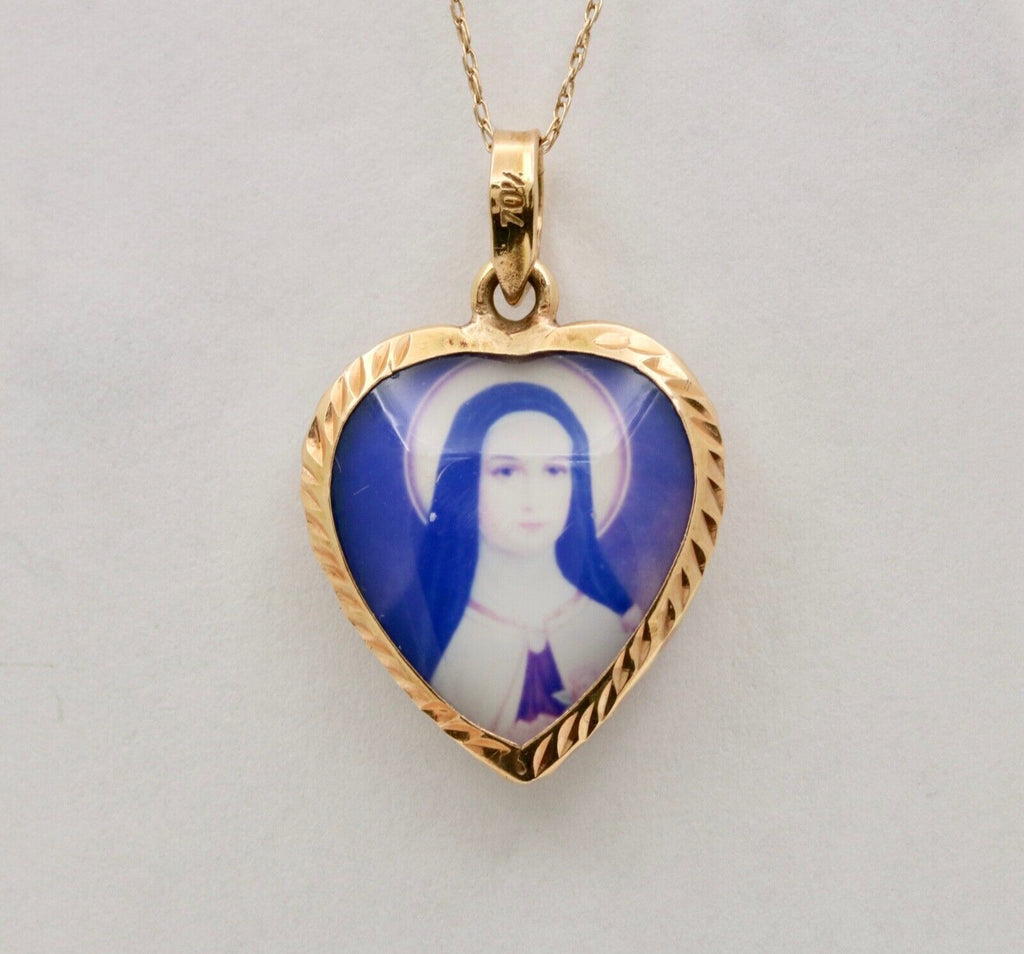 Vintage Jesus Virgin Mary Heart 14K Yellow Gold Pendant Charm
