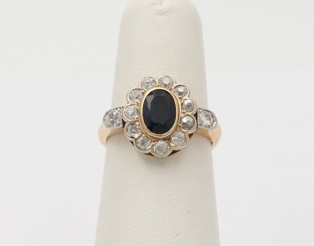 Art Deco Blue Sapphire Single Cut Diamonds 14K Yellow White Gold Ring