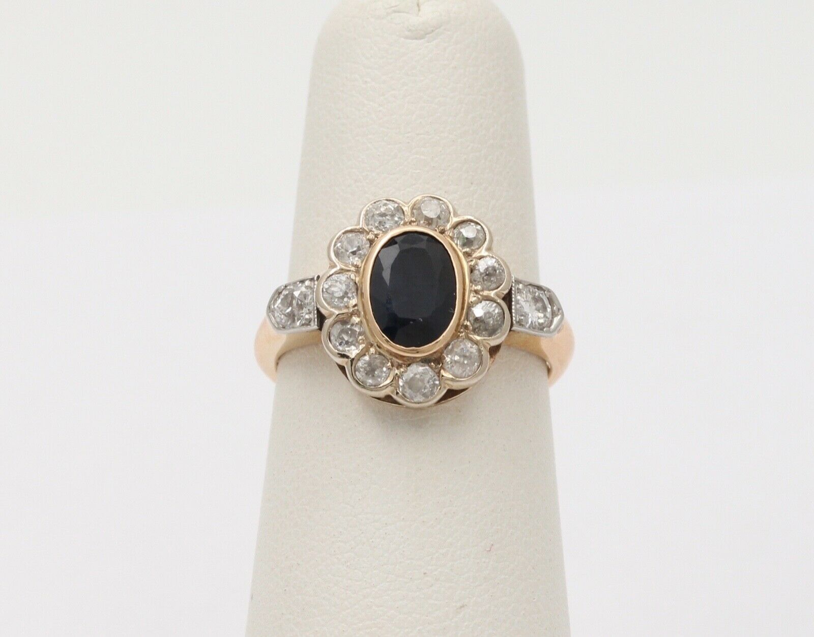 Art Deco Blue Sapphire Single Cut Diamonds 14K Yellow White Gold Ring
