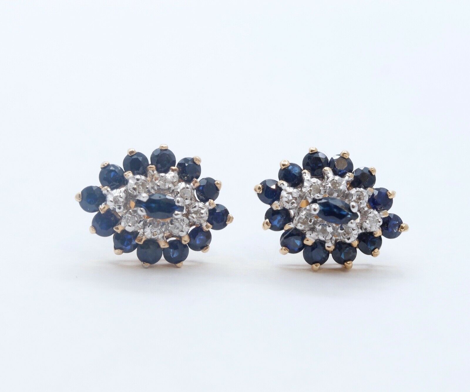 Vintage Ladies Blue Sapphire Diamonds 10K Yellow Gold Cluster Earrings