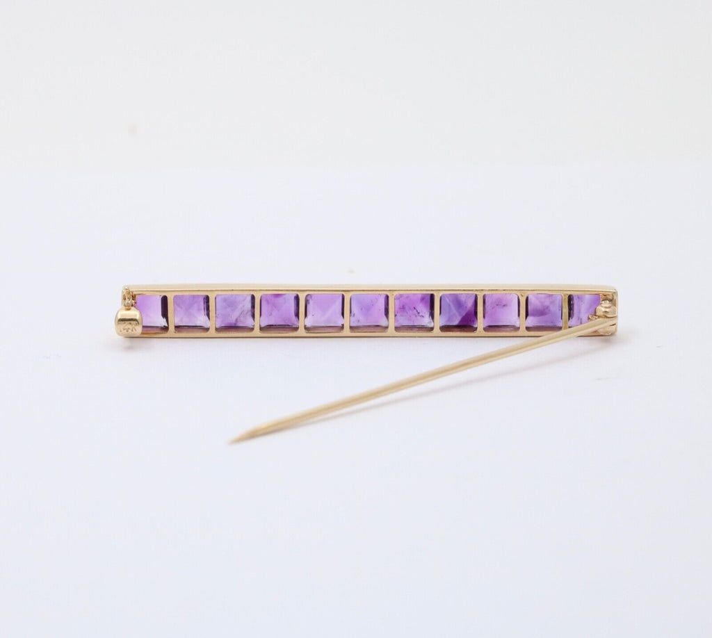Victorian Emerald Cut Amethyst 14K Yellow Gold Bar Pin Brooch