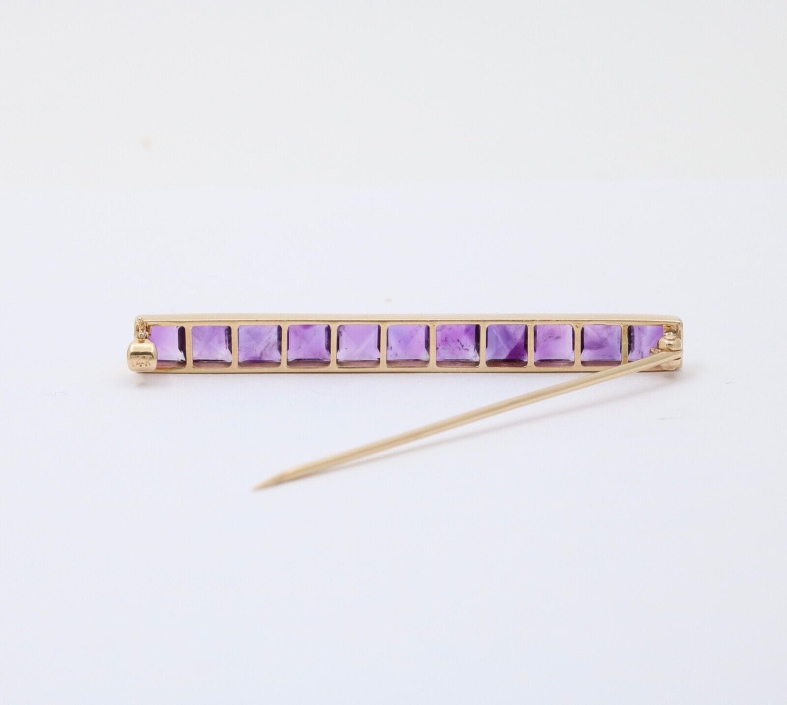 Victorian Emerald Cut Amethyst 14K Yellow Gold Bar Pin Brooch