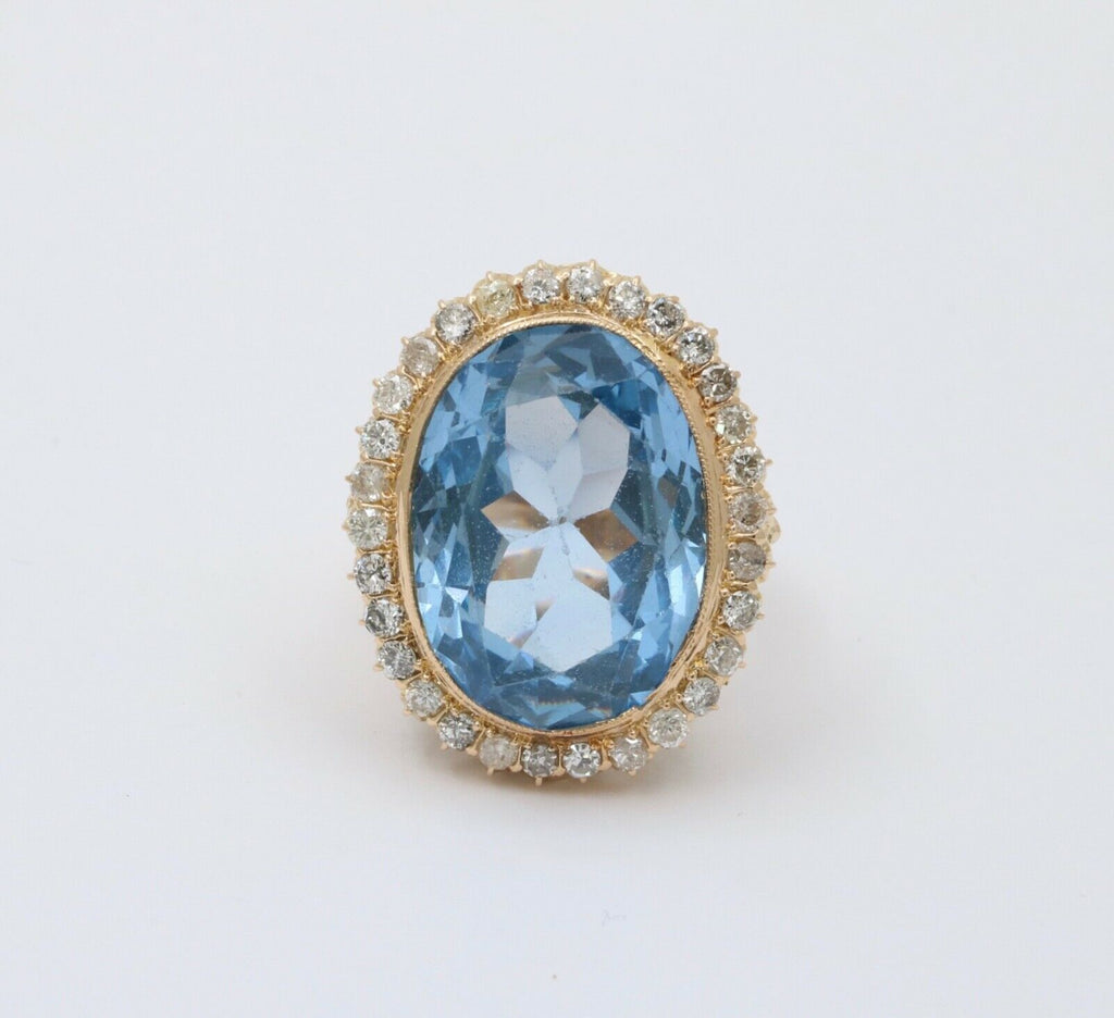 Vintage 24 Carat Blue Topaz Diamonds 14K Yellow Gold Ring