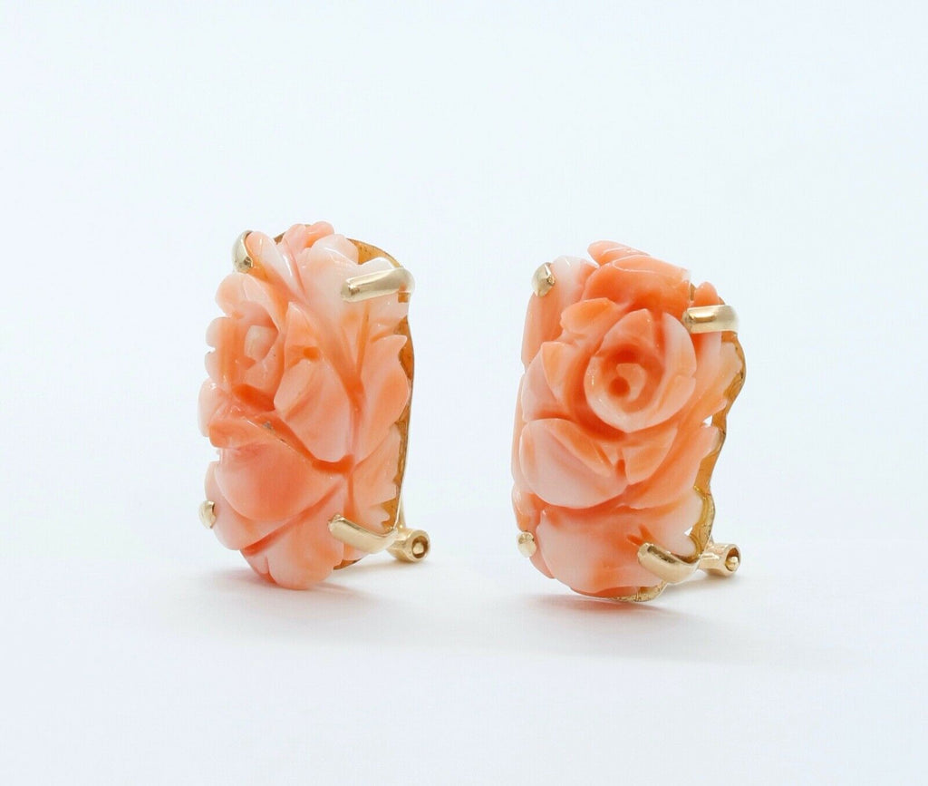 Carved Coral Flower 14K Yellow Gold Earrings