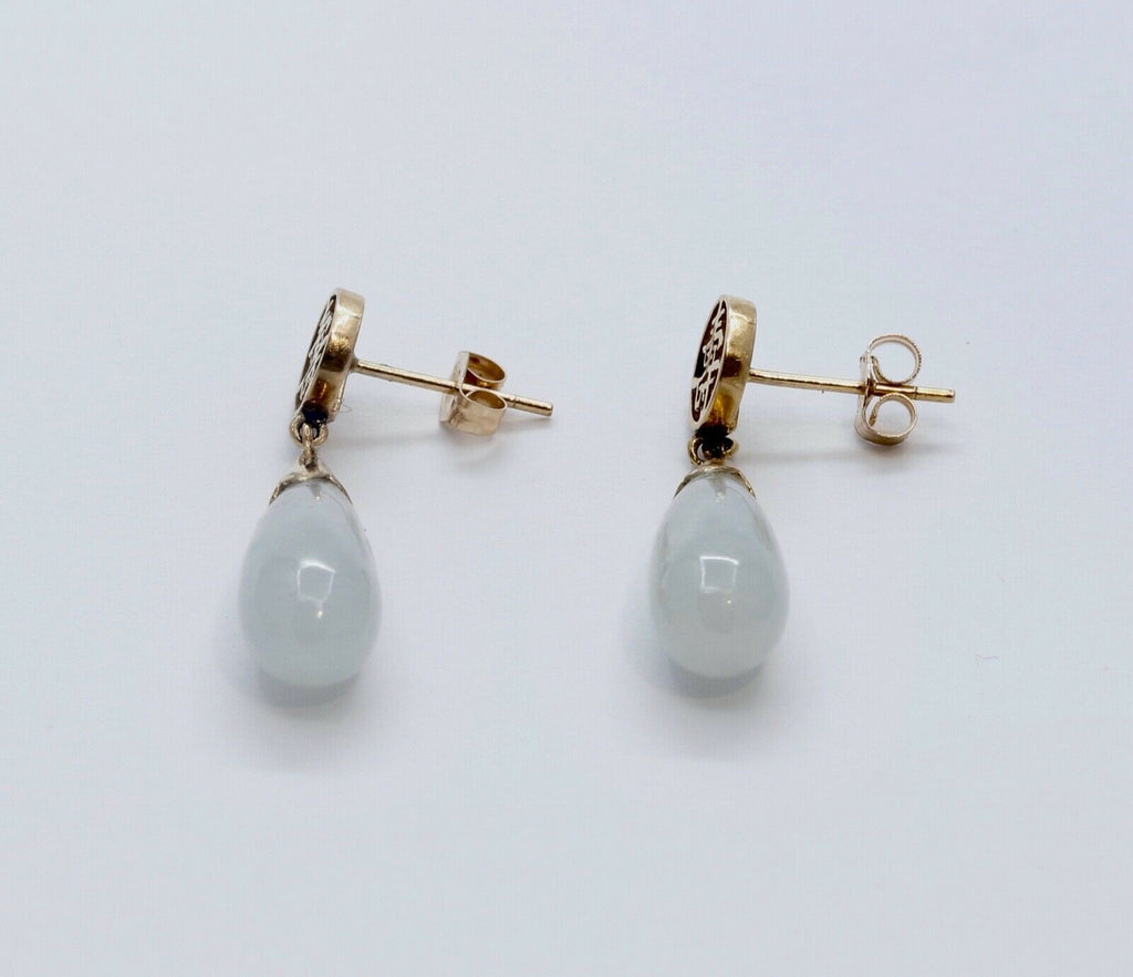 Vintage Ladies 14K Yellow Gold Jade Long Life Teardrop Earrings