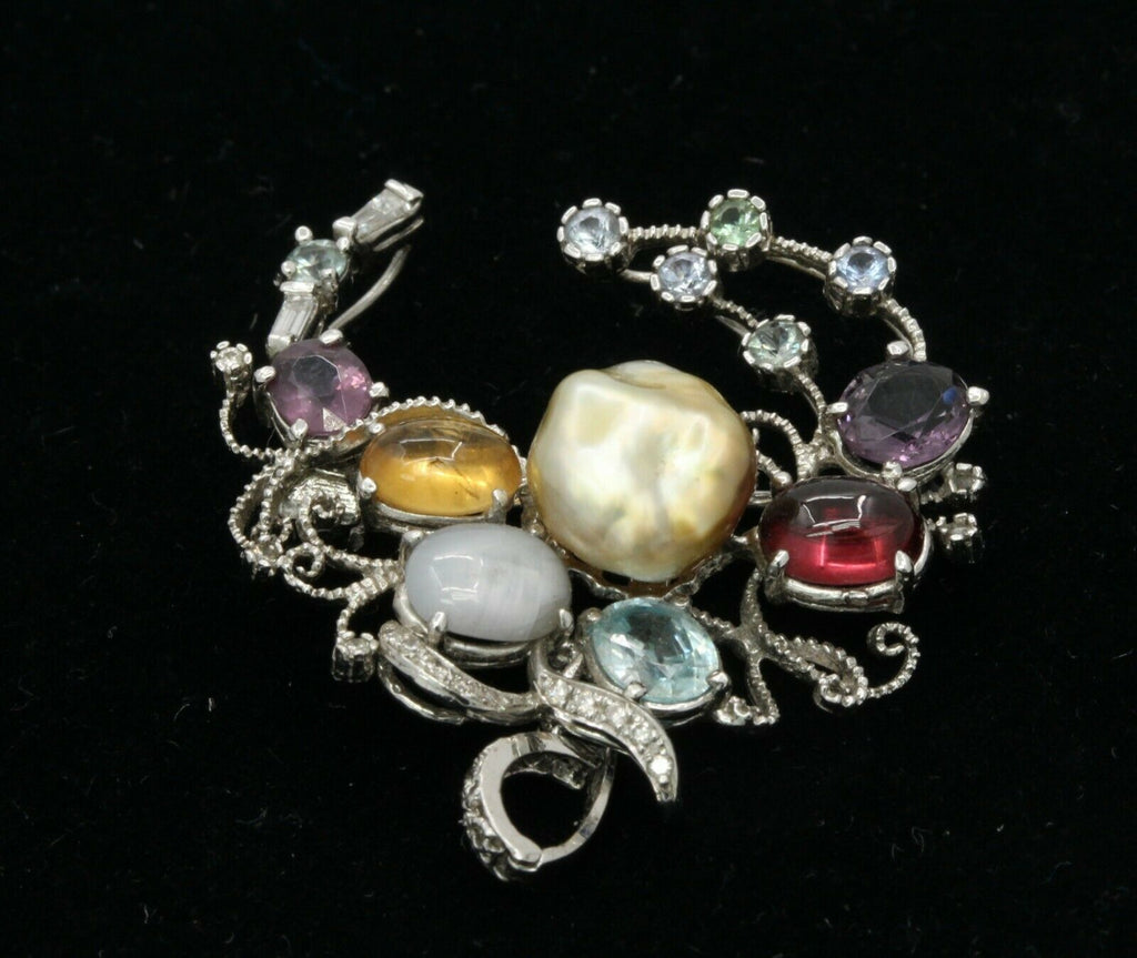 Vintage 18K White Gold Multi-Gemstone Diamond Brooch Pendant