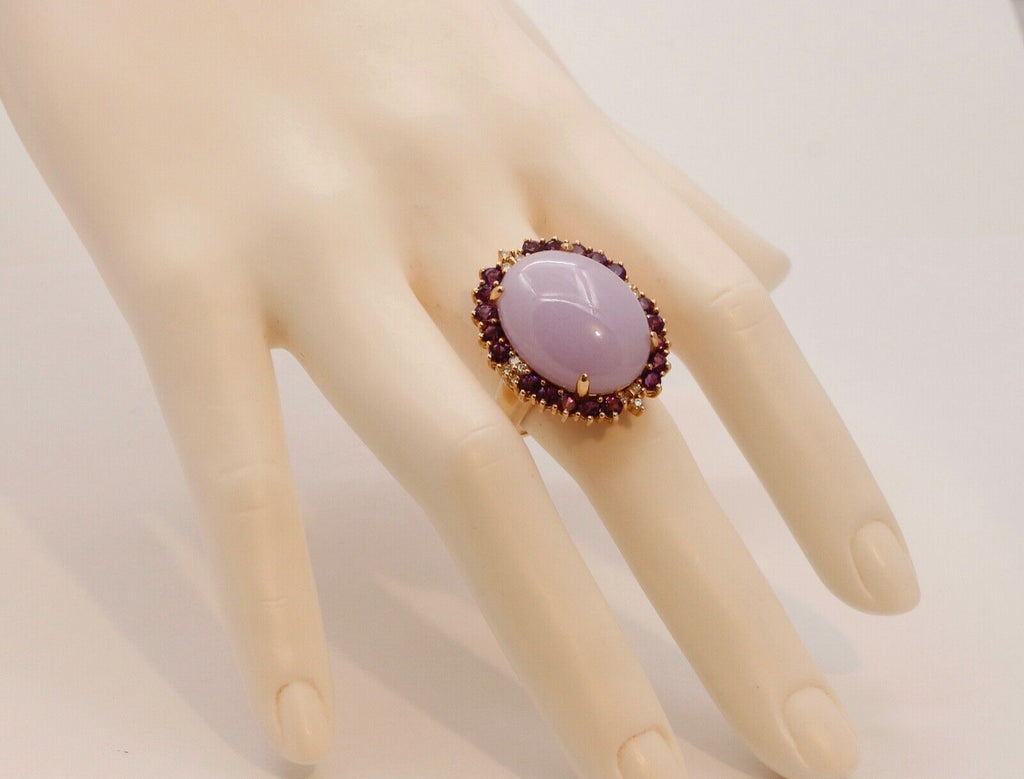 Vintage Statement Lavender Jade Amethyst Diamonds 14K Yellow Gold Ring