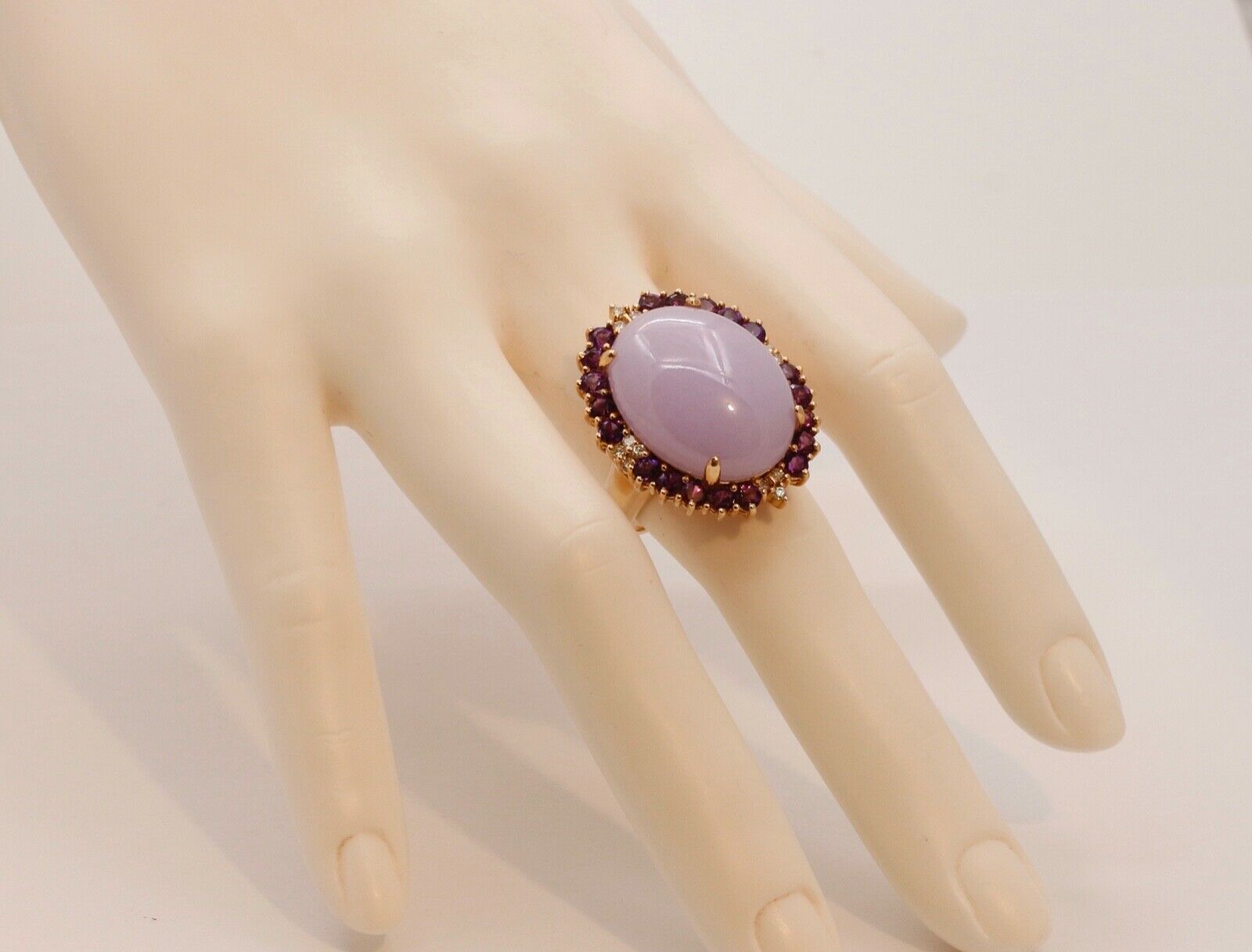 Vintage Statement Lavender Jade Amethyst Diamonds 14K Yellow Gold Ring