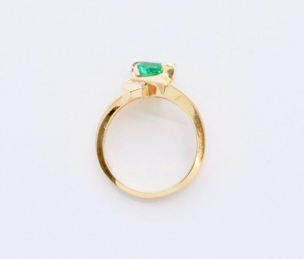 Vintage Modernist Emerald Diamonds 14K Yellow Gold Bypass Ring