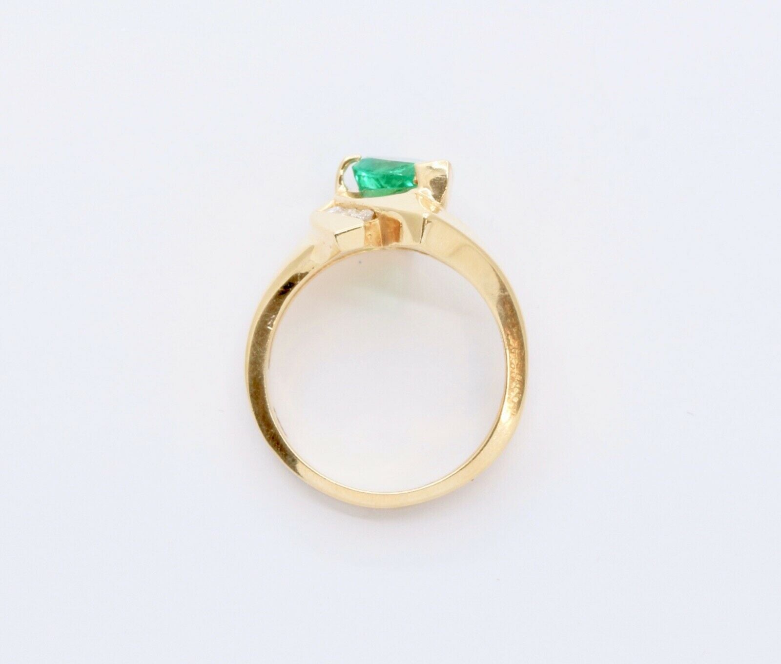 Vintage Modernist Emerald Diamonds 14K Yellow Gold Bypass Ring